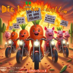 CD Cover: 3 vermenschlichte Karotten und 4 Schweine kommen mit Motorrädern auf die Betrachtenden zugefahren.