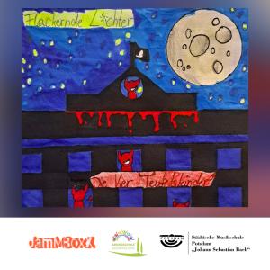 Ein selbstgemaltes CD Cover: Wir sehen einen abstrahierten schwarzen Palast, 4 einfach gehaltene "Teufelskinder", einen großen Monde und die Titelschriften.
