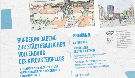 Gezeigt wird ein Flyer, mit dem die Anwohnerinnen und Anwohner des Kirchsteigfeldes über die Info-Veranstaltung am 7. Dezember 2023 informiert werden.