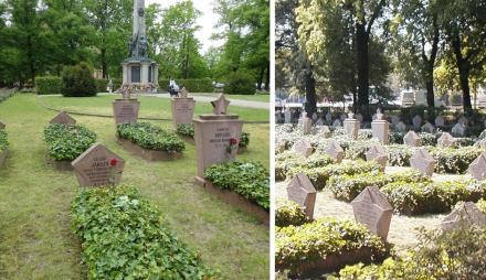 Das zweigeteilte Foto zeigt die Grabsteine auf dem Sowjetischen Ehrenfriedhof mit dem Obelisken im Hintergrund.