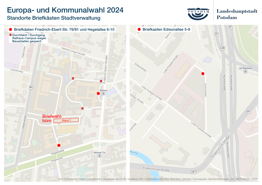 Eine Karte mit den Standorten der Briefkästen der Stadtverwaltung Potsdam zur Europa- und Kommunalwahl 2024