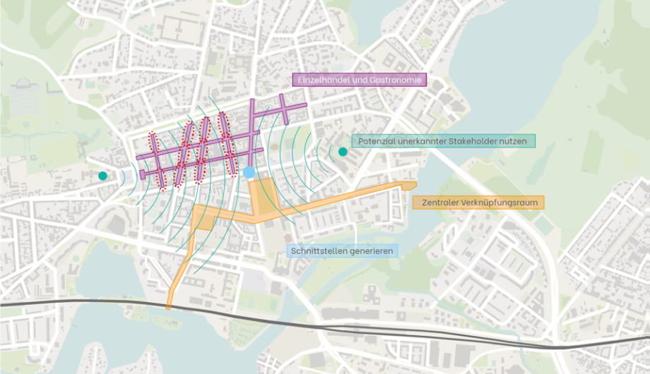 Karte mit eingezeichneten Entwicklungsszenarien der Potsdamer Innenstadt