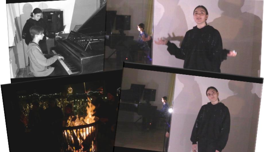 Auf 4 Bildern sind Ausschnitte eines beigefügten Videos zu sehen - eine Sängerin und ein Pianist, beide jugendlich, beim Videodreh. Auch ein Bild eines wärmenden Feuers auf dem Potsdamer Weihnachtsmarktmarkt.