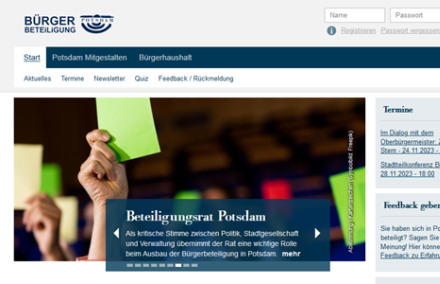 Zu sehen ist ein Bildschirmfoto der Webseite Bürgerbeteiligung.potsdam.de, mit einem Beitrag, der auf den Beteiligungsrat hinweist.