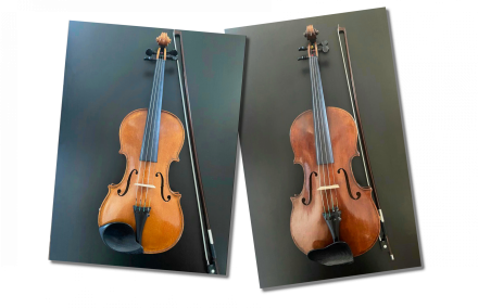 Zwei Einzelbilder miteiner Violine (Geige) und der baulich größeren Viola (Bratsche)