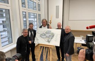 Daniel Libeskind, Mike Schubert, Friedhelm Schatz, Bernd Rubelt und Jan Kretschmar bei der Präsentation der "Media City Babelsberg