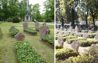 Das zweigeteilte Foto zeigt die Grabsteine auf dem Sowjetischen Ehrenfriedhof mit dem Obelisken im Hintergrund.