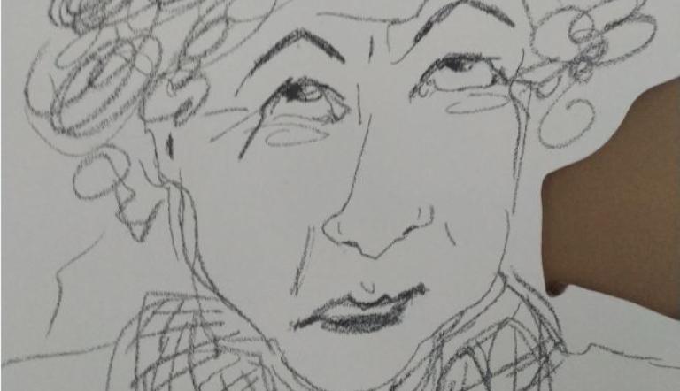 Altersarmut ist weiblich - Zeichnung einer Frau Schwarz Weiß