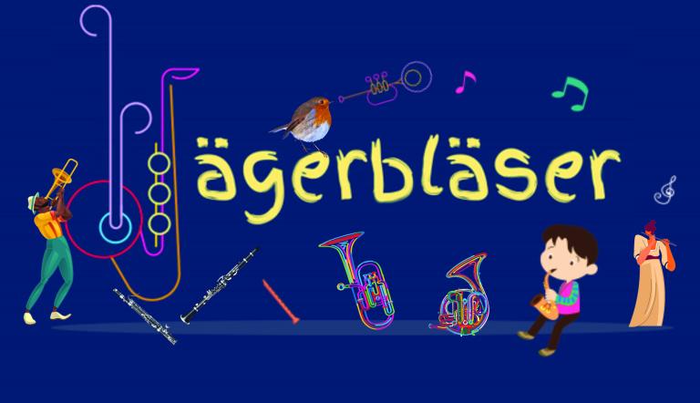 Verschiedene digital gestaltete Blasinstrumente und Musizierende sind auf dem bunten Logo der Jägerbläser vereint.