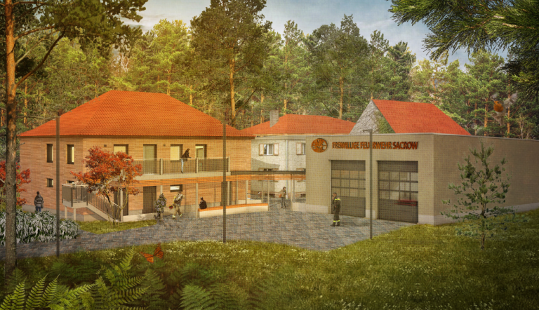 Anmutung Rückansicht Neubau des Feuerwehrhauses Sacrow