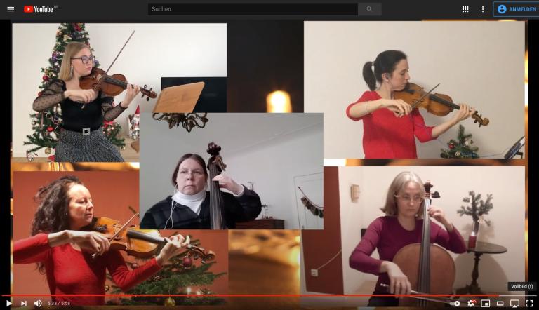 5 Videobilder aus 5 Räumen mit 5 Streichinstrumentalistinnen - ihre Instrumente erklingen zeitgleich