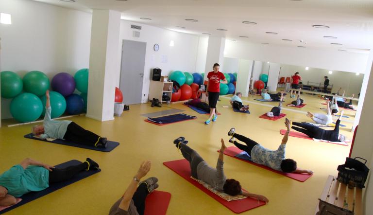 Das Foto zeigt mehrere Personen auf Trainingsmatten bei sportlicher Betätigung.