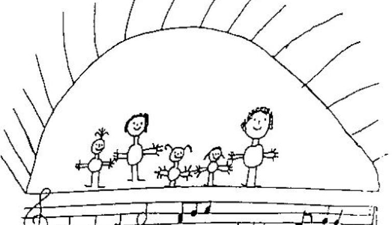 gezeichnete Kinder und Musiknoten