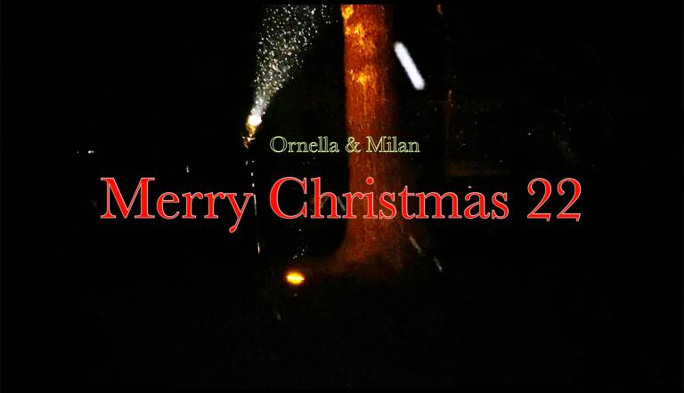 Im Hintergrund leuchtet ein Strahler durch Schnee auf einen Baum - ein Titel ist zu lesen: Milan & Ornella - Merry Christmas 22