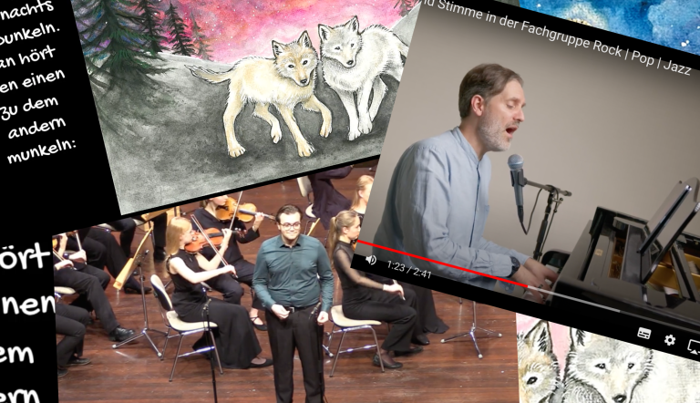 In einer Collage sehen wir ein gemaltes Bild mit zwei weißen Wölfen in einem Wald, einen Sänger am Klavier und einen Sänger vor einem Orchester stehend.