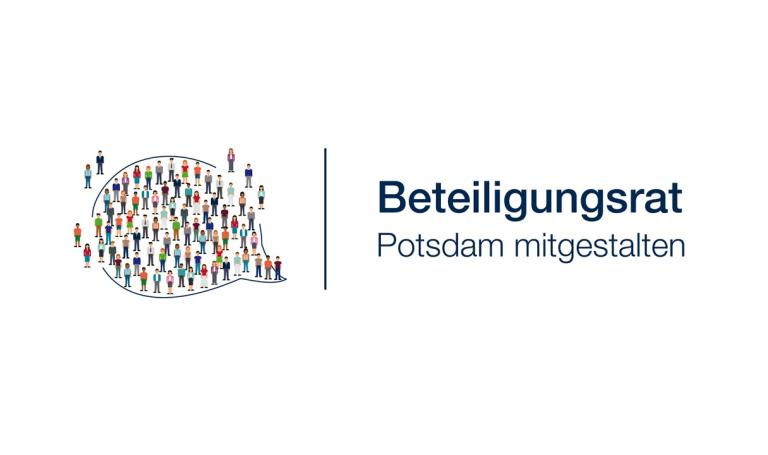 Das Logo des Beteiligungsrates Potsdam zeigt eine Sprechblase mit sehr vielen bunt angezogenen Menschen darin.